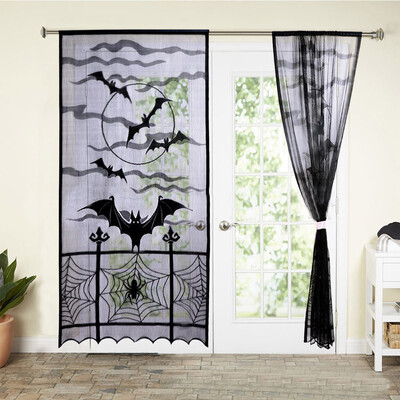 

Gobestart Halloween Bats Spider Web Curtains Cobweb Black Lace Festival Window Door Decor