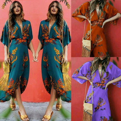 

Womens Summer Boho Floral Long Maxi Evening Cocktail Party Beach Dress Sundress