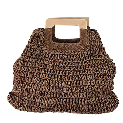 

Vintage Large Capacity Totes Women Woven Summer Beach Bag Wooden Handle Straw Handbag Bohemian Top-handle Bags