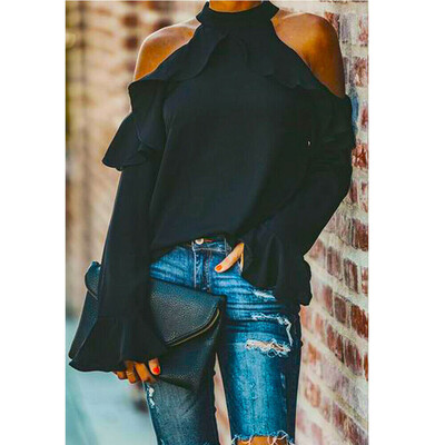 

Women High Neck Cold Shoulder Long Sleeves Ladies Pullover Jumper Tops Blouse