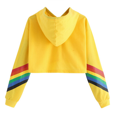 

Fashion Women Spring Autumn Hoodie Long Sleeve Letter Print Rainbow Striped Hooded Pullover Sweatshirt