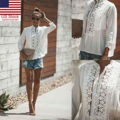 

US Womens Sheer Long Sleeve Embroidery Floral Lace White Tee T-Shirt Tops Blouse