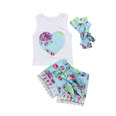 

Toddler Baby Girl Clothes Tops Floral VestLace Shorts Pants Outfit Set