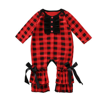 

Newborn Girls Plaid Printed Long Sleeve Jumpsuit Autumn Ruffle Leg Romper