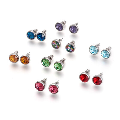 

304 Stainless Steel Stud Earrings with Rhinestone Flat Round Mixed Color 10x6mm Pin 09mm