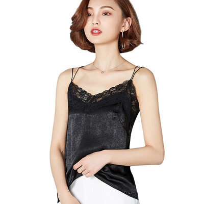 

2019 New Style Elegant Fashion Design Women Spaghetti Strap Vest Satin Lace Camisole Sexy Silky Faux Silk V Neck Loose Tank Top