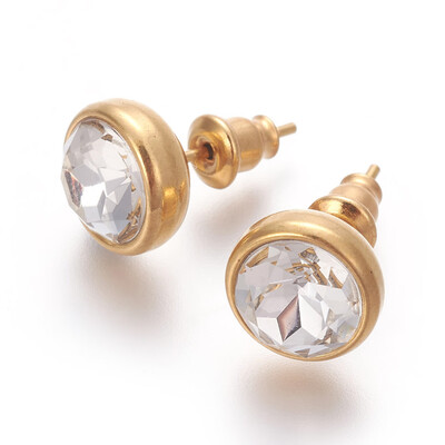 

304 Stainless Steel Ear Studs with Cubic Zirconia Flat Round Golden Clear 10x17mm Pin 07mm