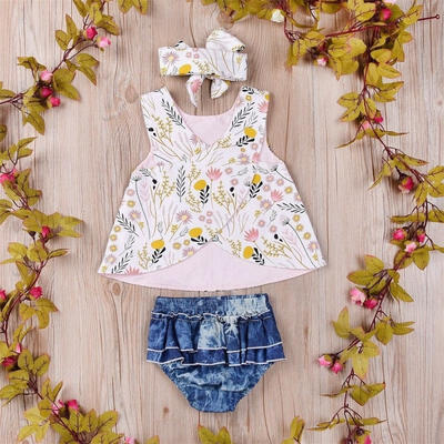 

Infant Toddler Kids Baby Girl Clothes Set Tops DressShort PantsHeadwear Outfit