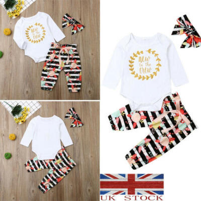 

UK Newborn Baby GirlBoy Clothes Long Sleeve TopFloral PantsHeadband Outfit