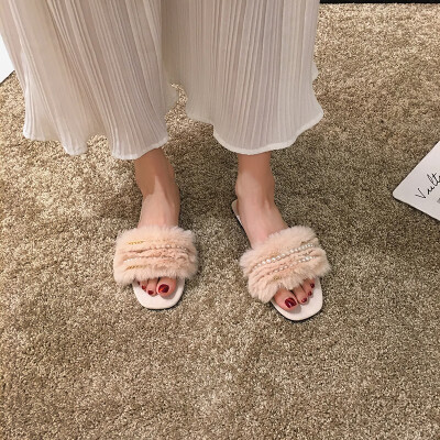 

Fairy wind slippers new style wear autumn Korean version pearl wool shoes flat sole metal chain flip-flops