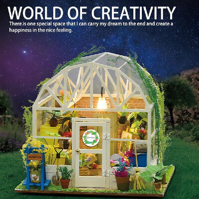 

DIY Dollhouse Wooden Miniature Furniture Kit Mini Green House Flower House with LED Birthday Gifts for Children Girls Women