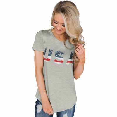 

Round neck short sleeve letter flag printed casual smock