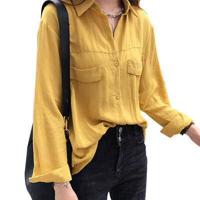 

Womens Long Sleeve Button Down Pockets Solid Turn Down Collar Loose Chic Blouse Casual Office Ladies Tops Female 2018