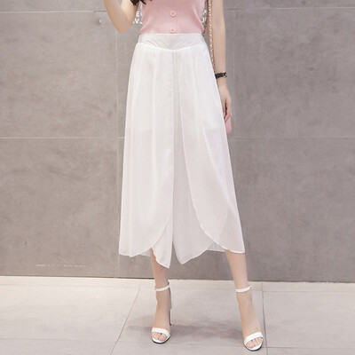 

Tailored Women Summer Solid Chiffon Flare Elastic High Waist Wide Leg Pants Plus Size