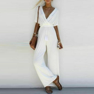 

Women V Neck Loose Playsuit Short Sleeve Jumpsuit Romper Long Trousers Plus Size
