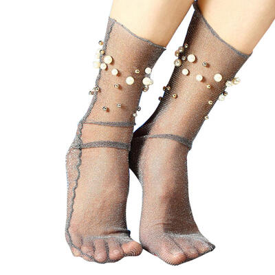 

Sexy Women Faux Pearl Glitter Transparent Ultra Thin Elastic Middle Tube Socks