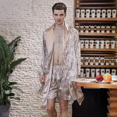 

Spring Summer Long-sleeved Print Turn-down Collar Silk Satin Robe Mens Bathrobe Nightgown Home Pajamas WP777