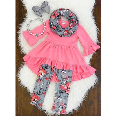 

Lovely Toddler Kids Baby Girls Long Sleeve T-shirt Tops Mini DressLeggingsScarf 3Pcs Outfits Cotton Clothes Fit For 1-7T