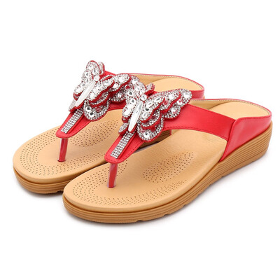 

Rose Women Rhinestone Butterfly Thick-Bottomed Flip-Flops Shoes Bohemian Casual Shoes