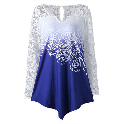 

Womens Fashion Long Sleeve V-Neck Lace Stitching Solid Color Gradient Color T-Shirt