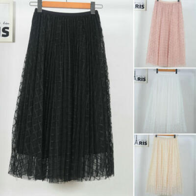 

Summer Women High Waist Maxi Plaid Pleated Tulle Beach Holiday Casual Long Skirt