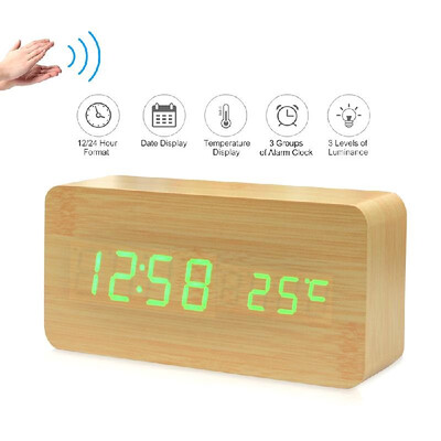 

Electronic LED Digital Wooden Alarm Clock Time Temperature Date Display Desktop Clock 3 Levels Brightness Voice Control USB Char