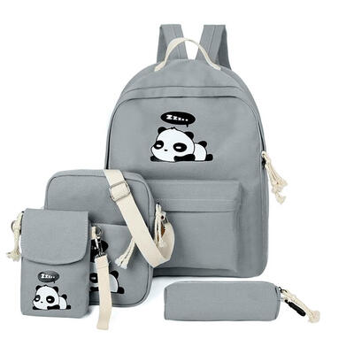 4pcsSet Cute Women Girls Panda Print Backpacks Canvas Shoulder Schoolbags