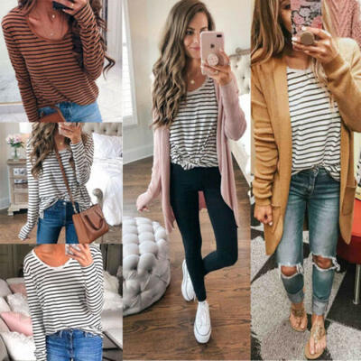 

Women Lady Long Sleeve Crewneck T-shirt Striped Blouse Casual Top Clubwear Party