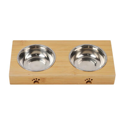 

Bamboo Wood Stainless Steel Ceramic Pet Double Bowls Dogs Food Water Feeder