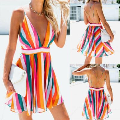 

Womens Summer Beach Strappy Dress Boho Floral V-neck Sundress Holiday Clothes