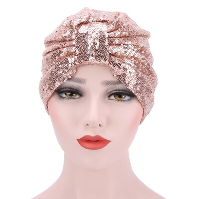 

6 Colors Muslim Women Sequin Shiny Head Scarf Cotton Pleated Turban Hat Cancer Chemo Head Wrap