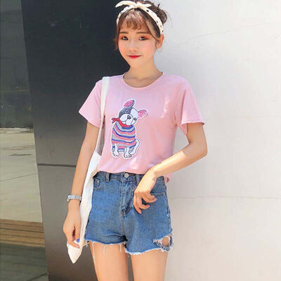 

Women Summer T-Shirt Round Collar Loose Sequins Printed tshirt Short-Sleeved Casual Wild Tops harajuku t shirt women