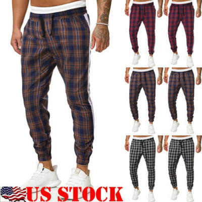 

US Men Checkered Track Pants Premium Plaid Stretch Skinny Fit Casual Trousers