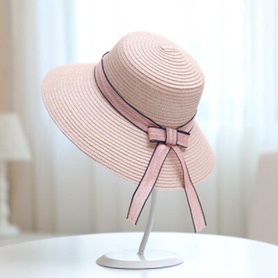 

Women Hat Summer Fall Sunscreen Bow Straw Weaving Hat Wide Brim Foldable Travel Beach Hats Suns Visor UV Protection Cap