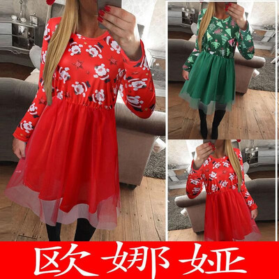 

New product hot sale explosion 2019 spring&autumn Christmas Santa Claus fashion mesh print dress 100246 green
