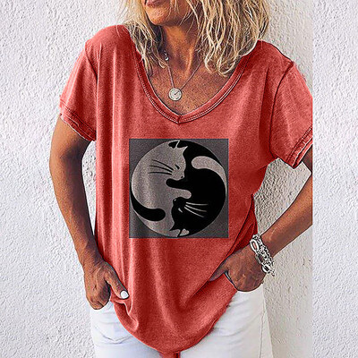 

Starmoon Plus Size Women Short Sleeve Cat Printing Easy Blouses Casual Shirts Tops