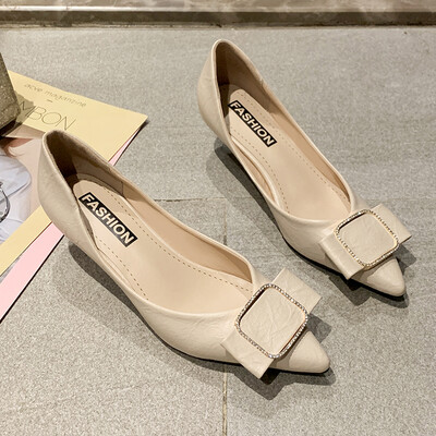 

Autumn net red fashion 100 sets of pointed high heels fairy bow set foot shallow single shoe