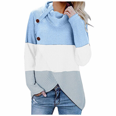 

Tailored Womens Color Block Cowl Neck Button Chunky Knit Irregular Hem Jumper Pullover