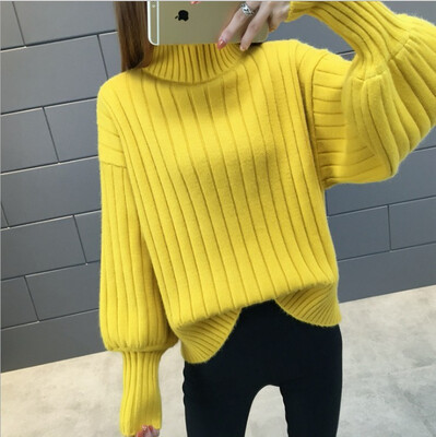 

2018 new autumn&winter extra thick lantern sleeve waist top with bottom blouse top womens loose half high collar