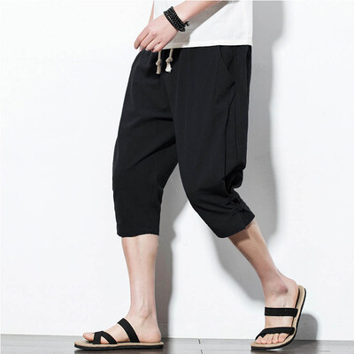 

Tailored Mens Summer Fashion Leisure Pure Color Button Linen Loose Calf-Length Pants