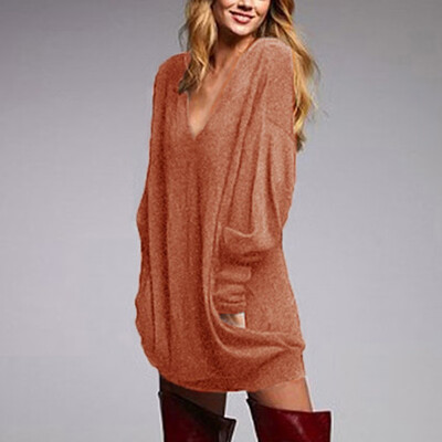 

Womens Long Sleeve Baggy Loose Tops Deep V Neck Solid Casual Blouse T Shirt