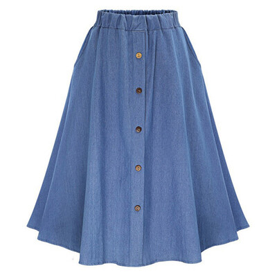 

Women Summer Casual Loose A-Line Skirt Elastic Waist Party Pleated Denim Skirts