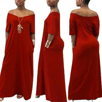 

Womens Off Shoulder Baggy Long Maxi Dress V Neck Pocket Short Sleeve Loose Sundress Oversize Plus Size