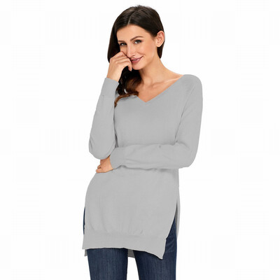 

V-neck long-sleeved side slit bottoming shirt casual straight sweater