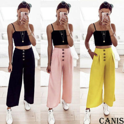 

Womens Button High Waist Wide Leg Casual Culottes Trousers Loose Baggy Pants US