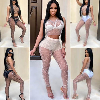 

Women Ladies Long Sleeve See Through Mesh Fishnet Crop Top T-Shirt Panties Set