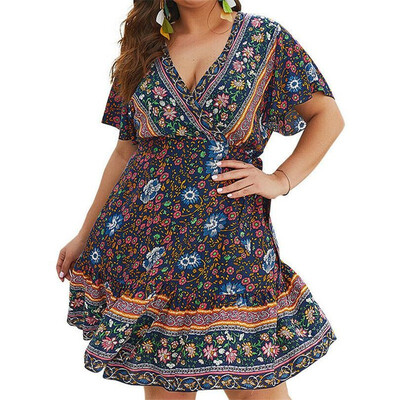 

Women Wrap Summer Boho Floral Mini Print Dress Ladies Holiday Beach Plus Size