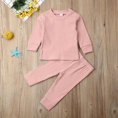 

2Pcs Lovely Toddler Cltohing Baby Boys Girls Solid Cotton Long Sleeve T shirt TopsLong Pants Outfits Set 0-24M