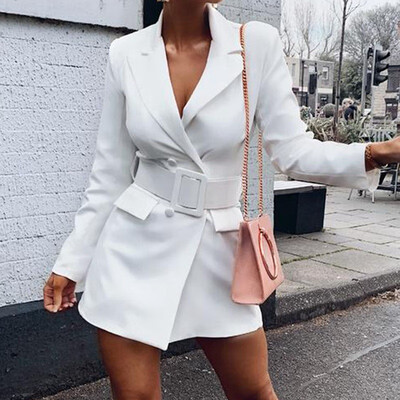 

Women Slim fit Solid Color Long Sleeved Lapeled Deep V Neck Coat Dress Office Work Wear suit Jackets with Belt