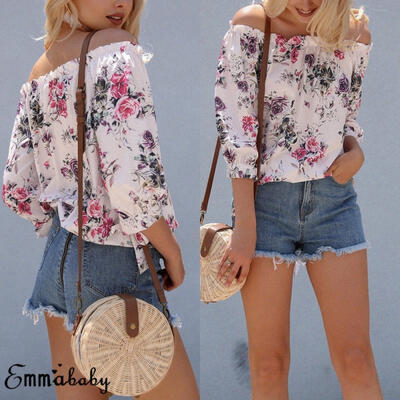 

Emmababy Women Off Shoulder Ruffle Tops Long Sleeve Blouse Floral Print Shirt